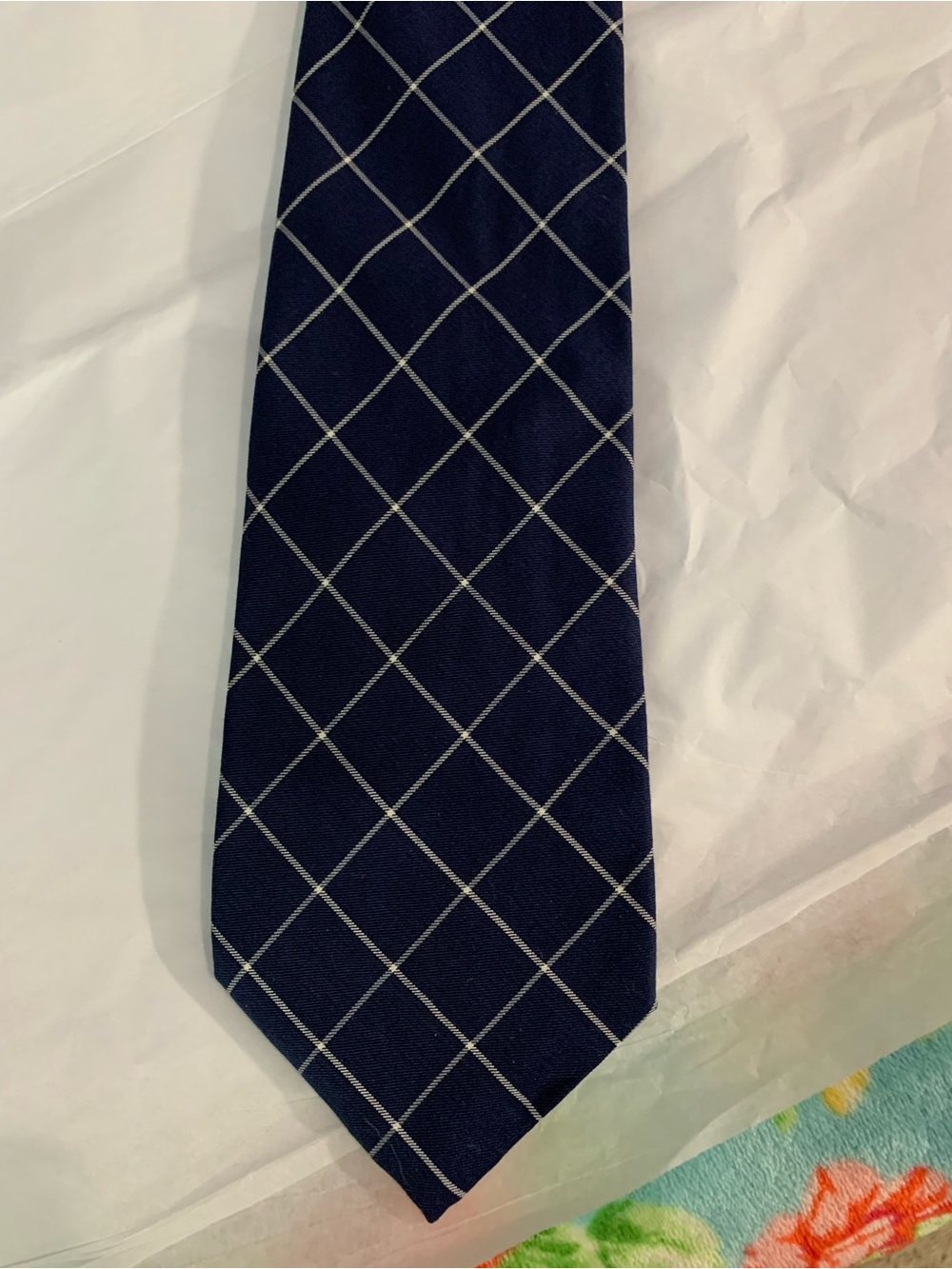 Ralph Lauren Hand Finished Navy Tie with Light Gray Windowpane Pattern